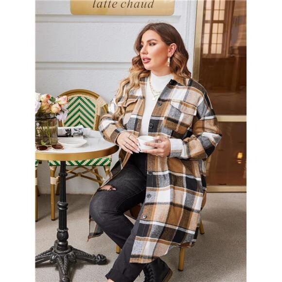 Womens Plus Size Flannel Plaid Lounge LapelButton Down Tartan Long Jacket Coats - Picture 5 of 5